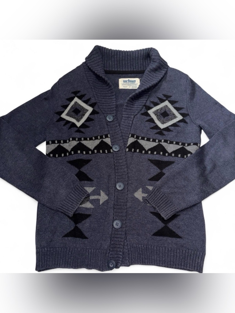 2010s Urban Pipeline Men’s Medium Shawl Collar Aztec Cardigan Sweater-Navy Gray